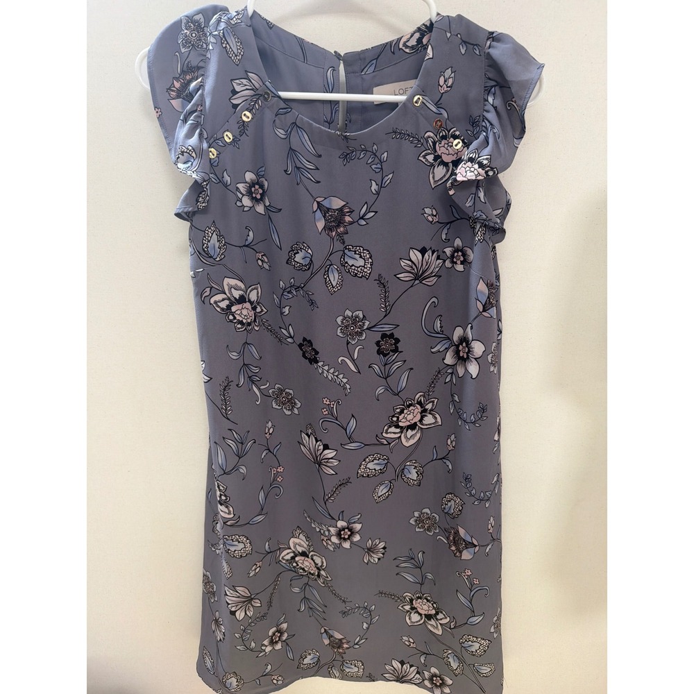 LOFT Floral Flutter Sleeve Shift Dress Blue Pink Gold Button Detail XS - Picture 1 of 5